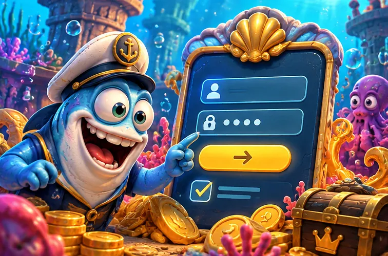 Spinbob sign-up illustration with a captain fish and login form